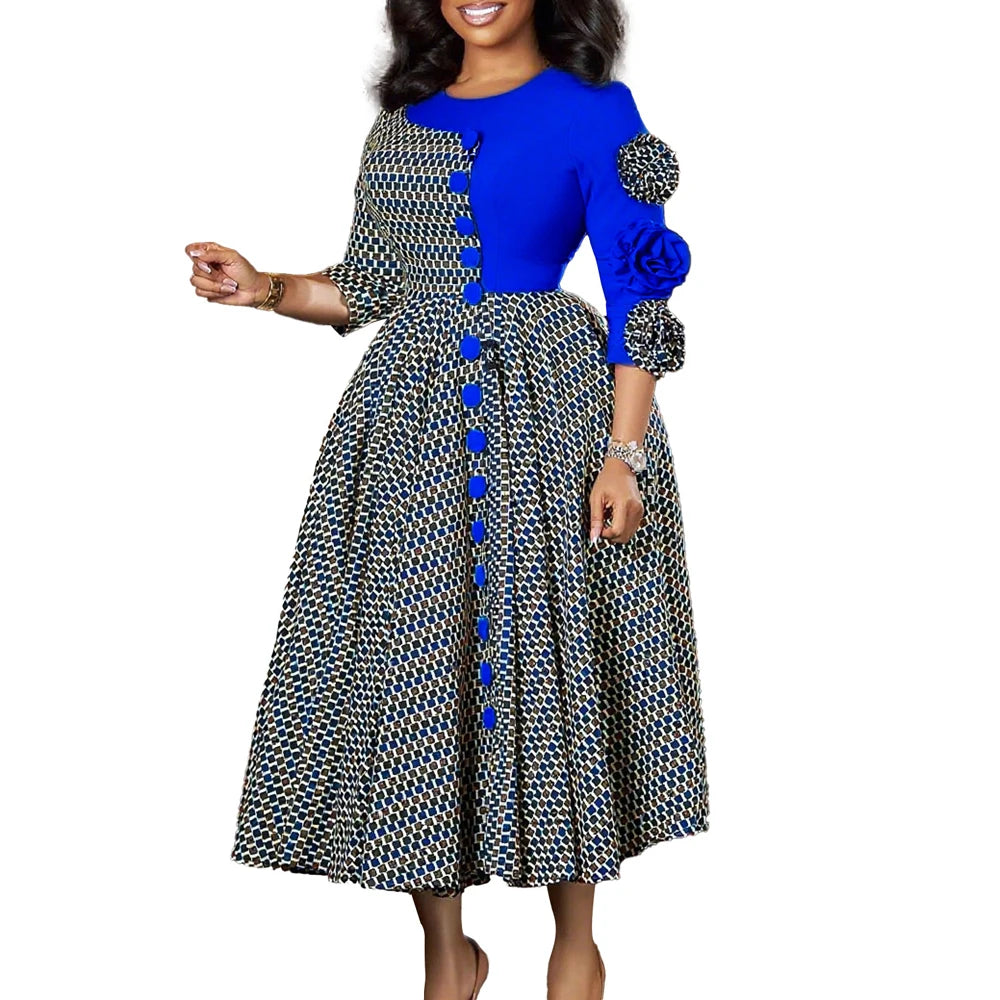 African 3/4 Sleeve Party Birthday New Robe Chic Flower Plaid Evening Dress