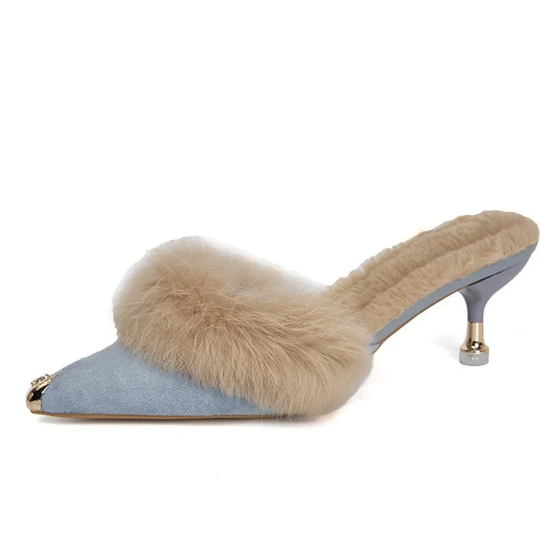 Women High Heel Shoes Fur Slippers Mules Pointed Toe Furry Slides