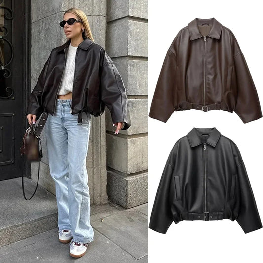 Vintage Leather Bomber Jackets Zipper Lapel Long Sleeve Pocket Coat With Belt