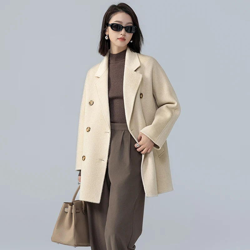 Mid-Length Women's  Camel  Double Breasted coat