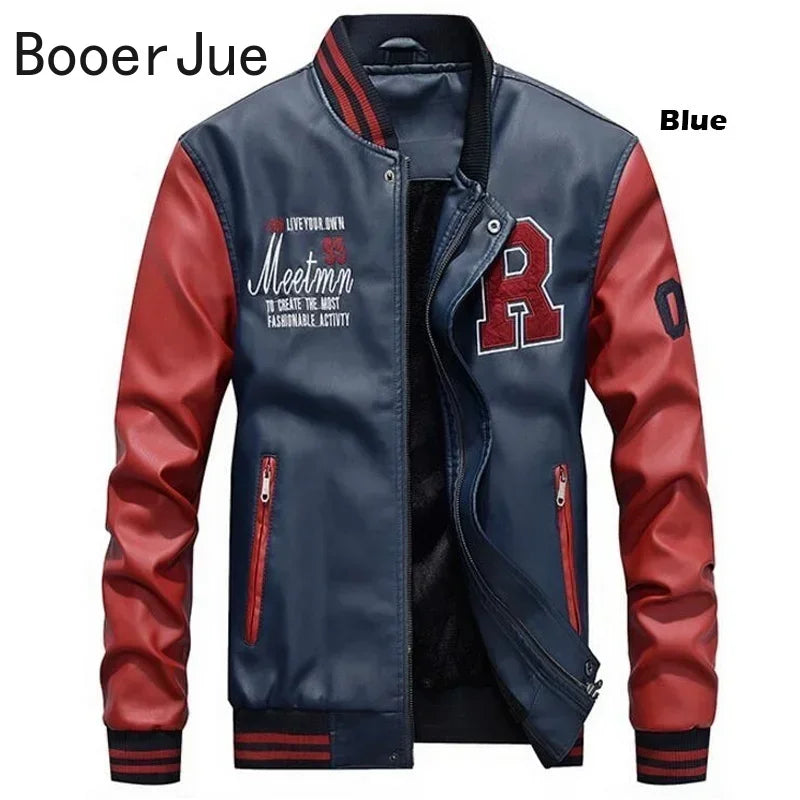 Embroidered Leather Pu Coats Slim Fit College Fleece Luxury Pilot Jackets