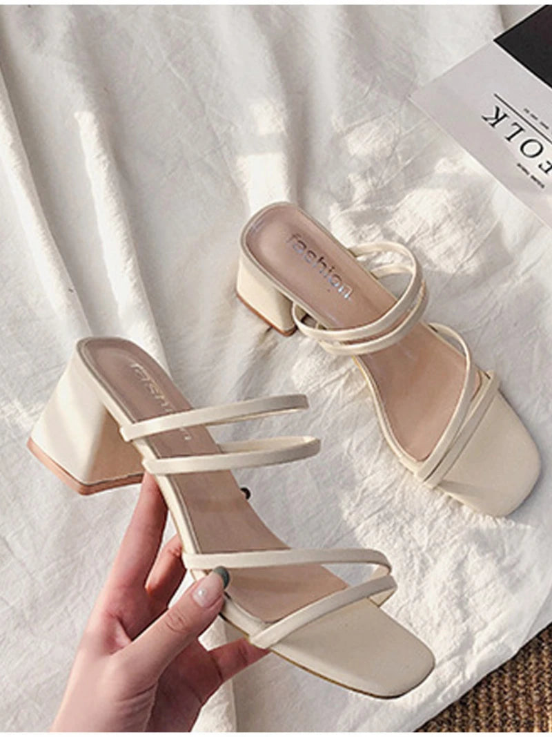 Women Sandals Ladies Square Heels Elegant Summer Slippers
