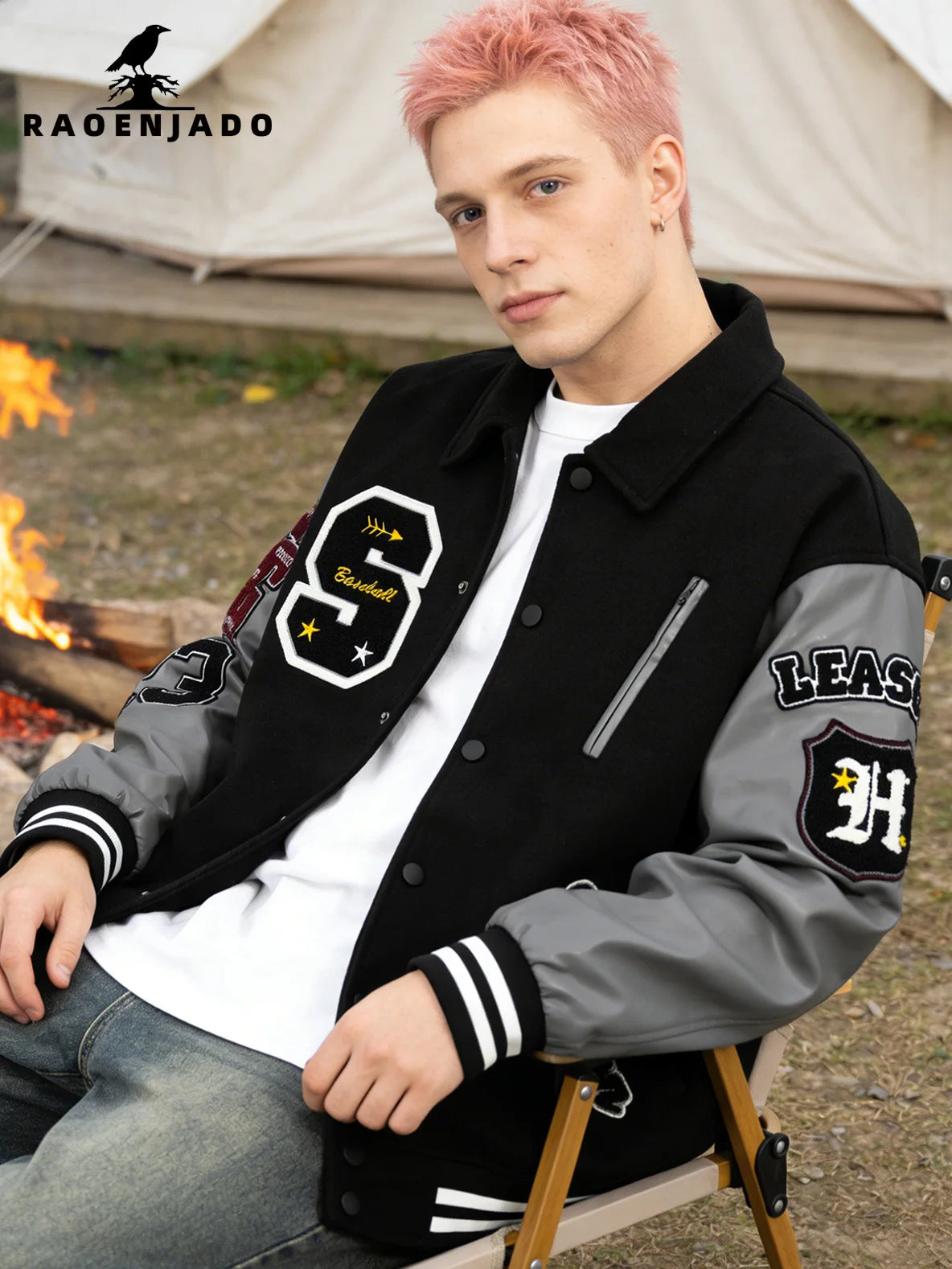 Men's Varsity Jacket Faux Leather Sleeve Vintage Motorcycle Coat Bomber