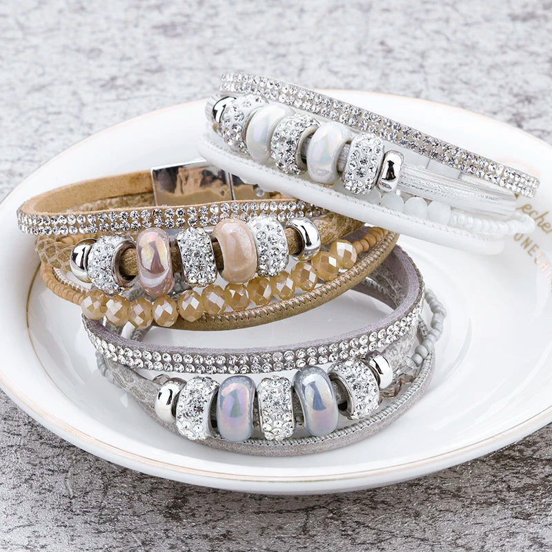 Greatera Sparkling Leather Vintage Pearl Multi-layered Magnetic Buckle Bracelet