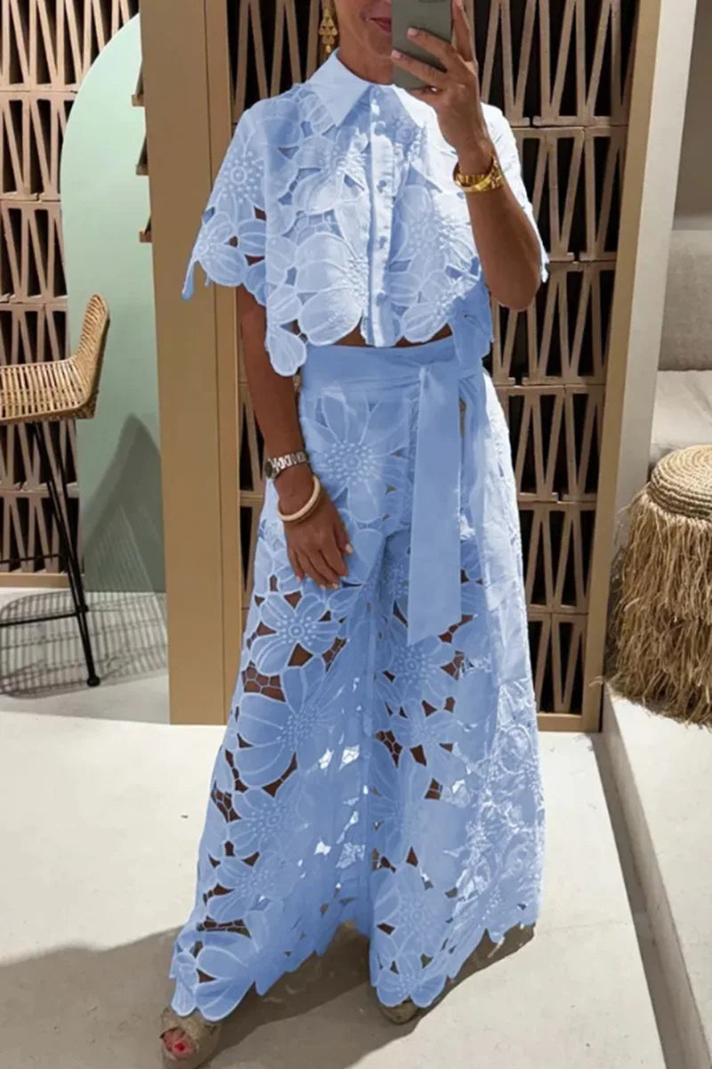 Elegant Women's Sets Sexy Lace Hollow Shirt Short Top + Wide-leg Pants