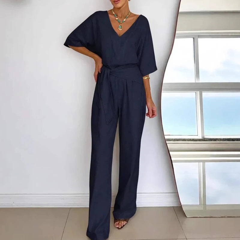 Women's Fashion Loose Playsuits Simple Solid V-neck Short Sleeved Romper