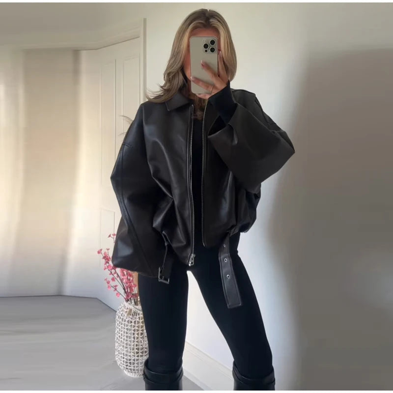 Vintage Leather Bomber Jackets Zipper Lapel Long Sleeve Pocket Coat With Belt