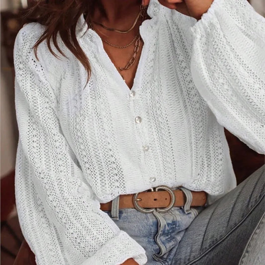 Women's Blouses  Loose Fashion Simple All-Match Hollow Lace V-neck Single Breaked