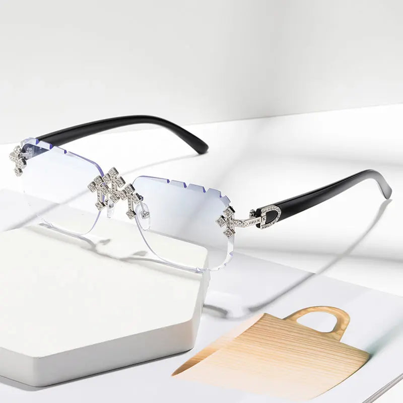 New Frameless Fashion Glasses for Men and Women, High-Definition Lenses with Textured Rhinestone Inlays