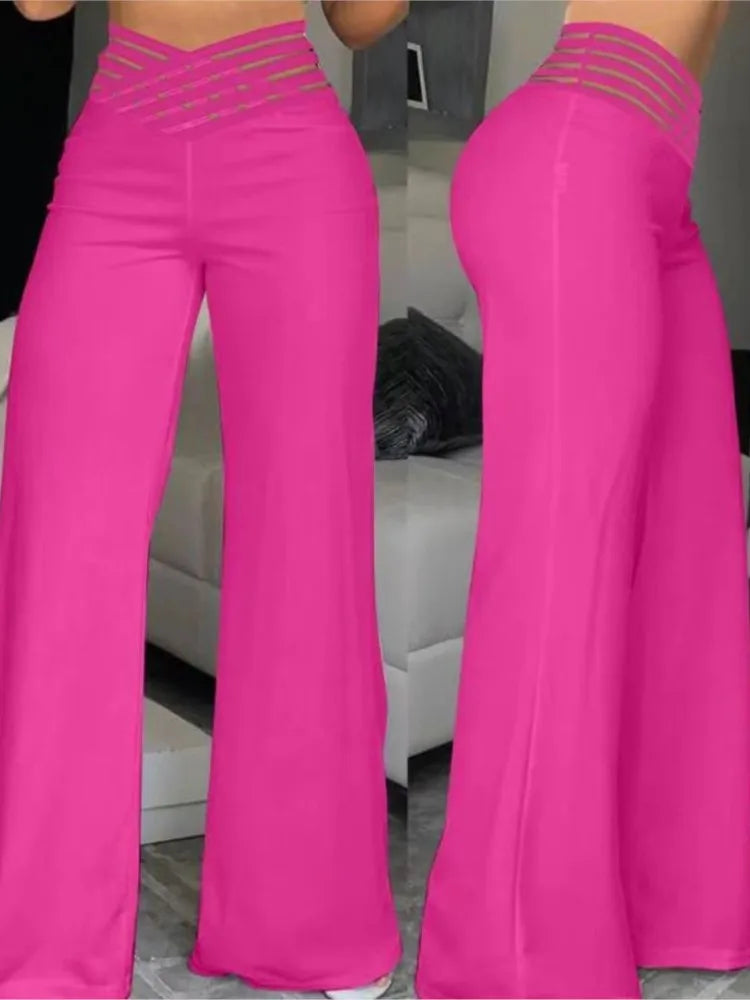 Wide Leg Flared Pants Crisscross Sheer Mesh Pants