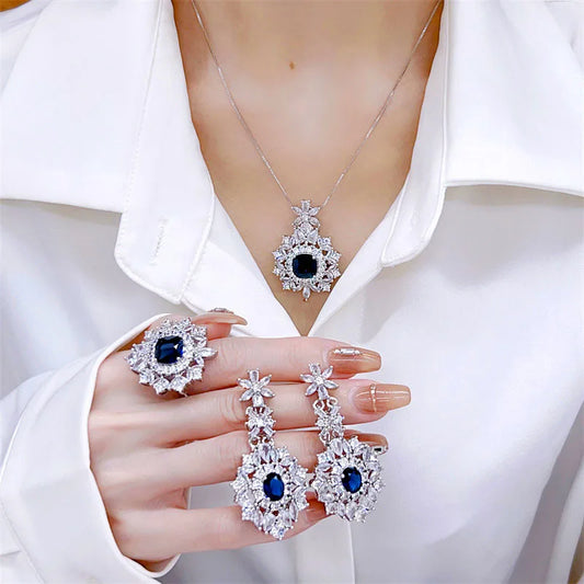 Elegant Blue Zirconia Lace Adjustable Ring/Necklace/Earrings Women's Jewelry Set