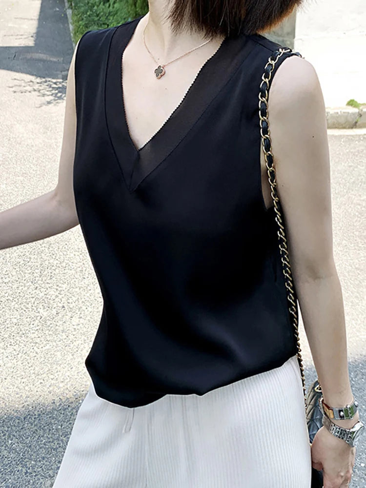 Women's Black Blouses Summer Elegant Tunic Vintage Office Satin Silk Blouse