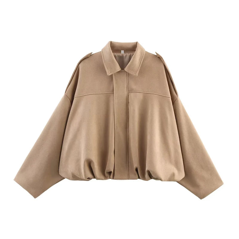 Women's Bomber Jackets  Turn-down Collar Long Sleeve Loose Coats
