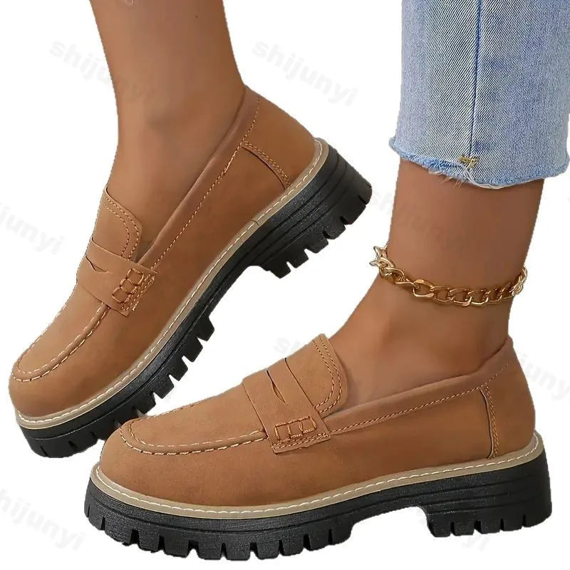 Woman Loafers Ladies Large Size Frosted British Thick Heel Round Toe Rubber Outsole Korean Style Casual Shoes