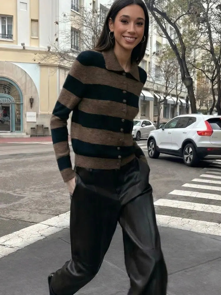 HH Sweater For Women Elegant Fashion Striped Knitted Cardigan Coat