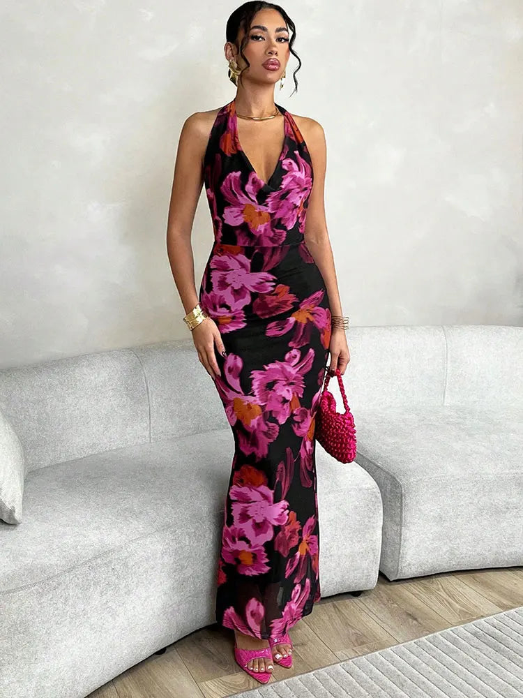 Sexy Print Sleeveless Lady Elegant Mesh Dress Clothing