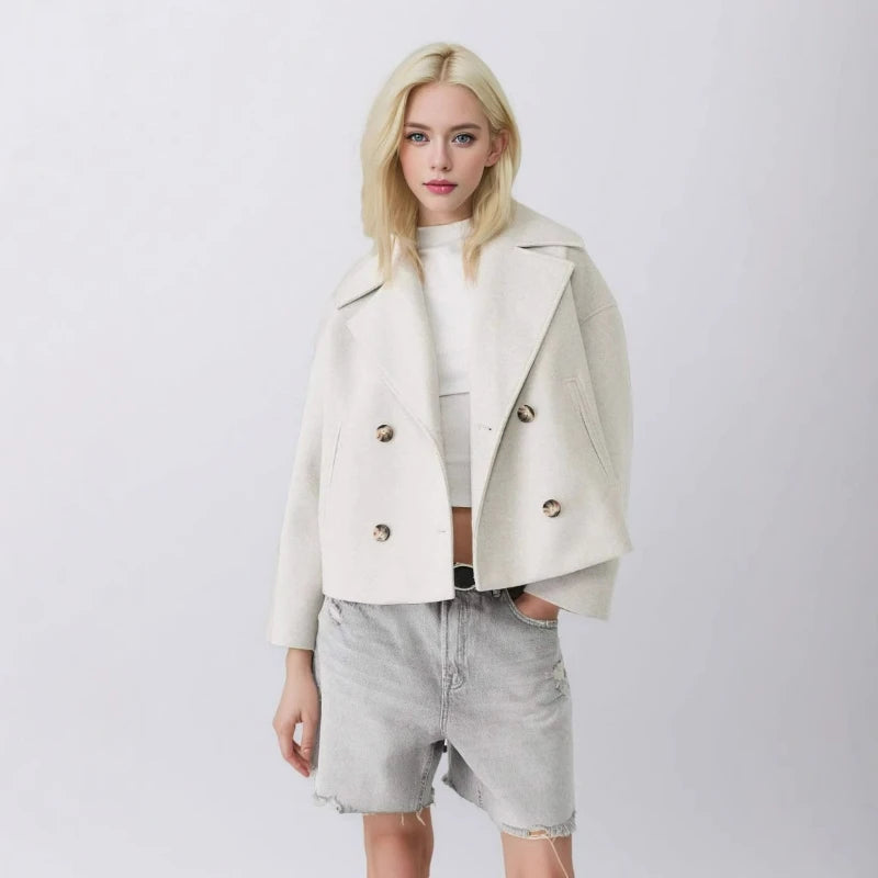 Women Wool Coats Elegant Short Coat Double Breasted Long Sleeve Jackets