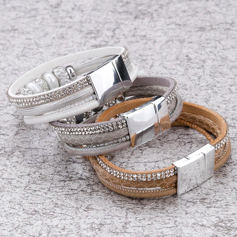 Greatera Sparkling Leather Vintage Pearl Multi-layered Magnetic Buckle Bracelet