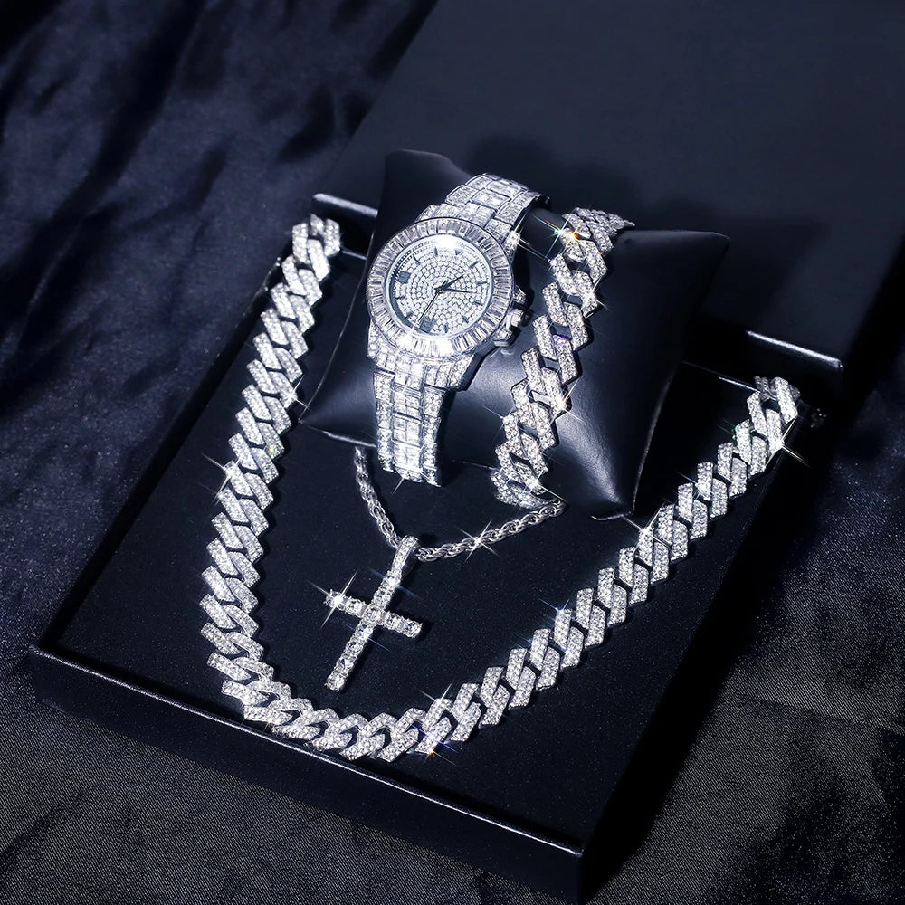 5Pcs Silver HipHop Watch Set Ice Flash Men Women