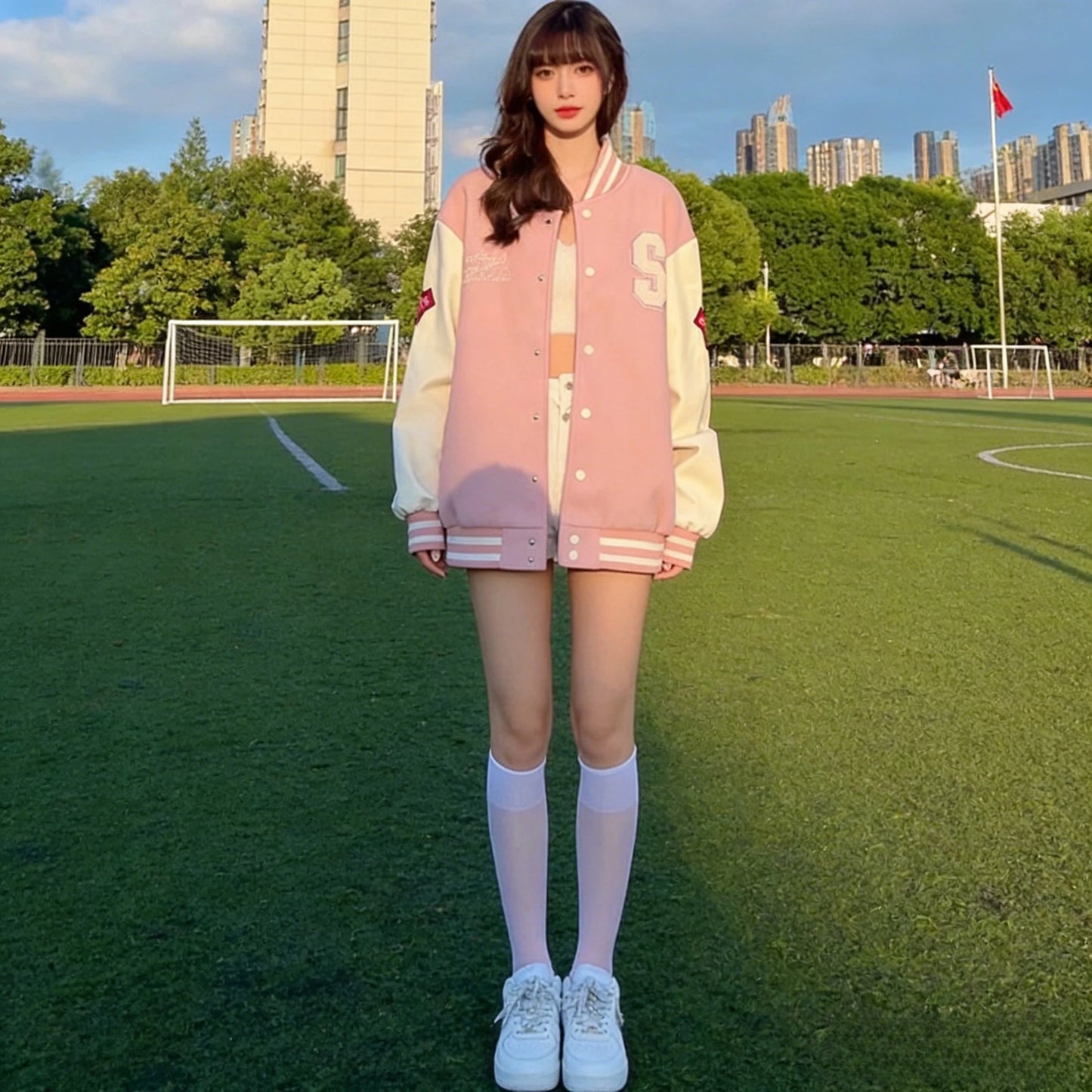 Women's Vintage Preppy-Style Fleece-Lined Pink Baseball Jacket