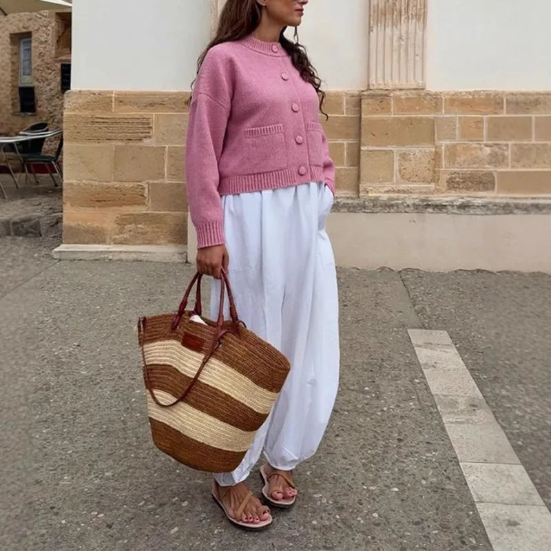 Casual and Comfortable, Single-Breasted, Round Neck, Double Pocket Loose Fit Top