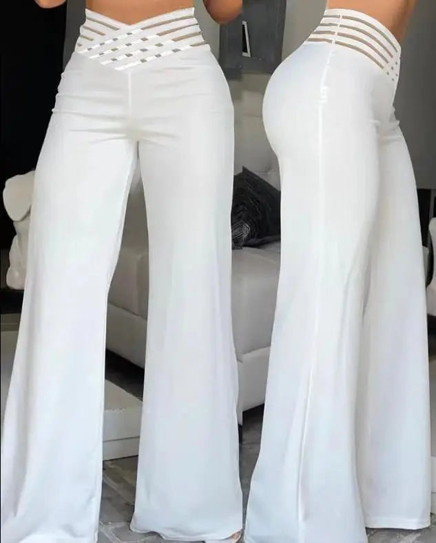 Wide Leg Flared Pants Crisscross Sheer Mesh Pants