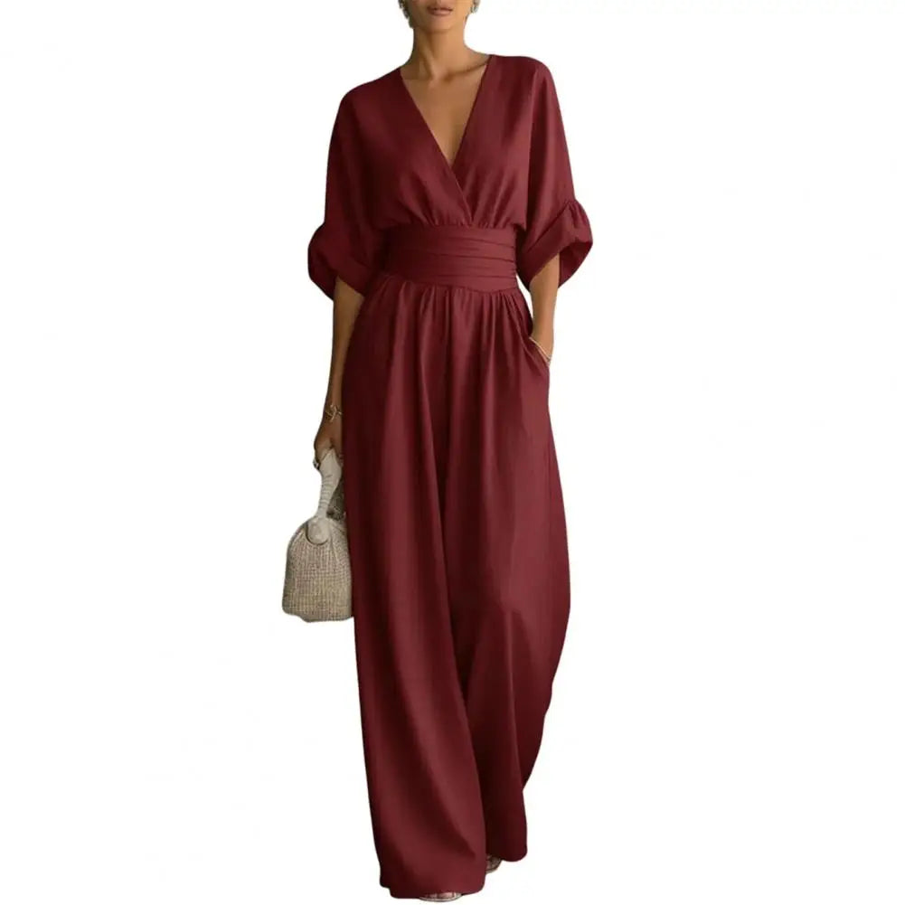 Women's Jumpsuit Fashion High Waist V-neck Casual  Wide Leg Trousers