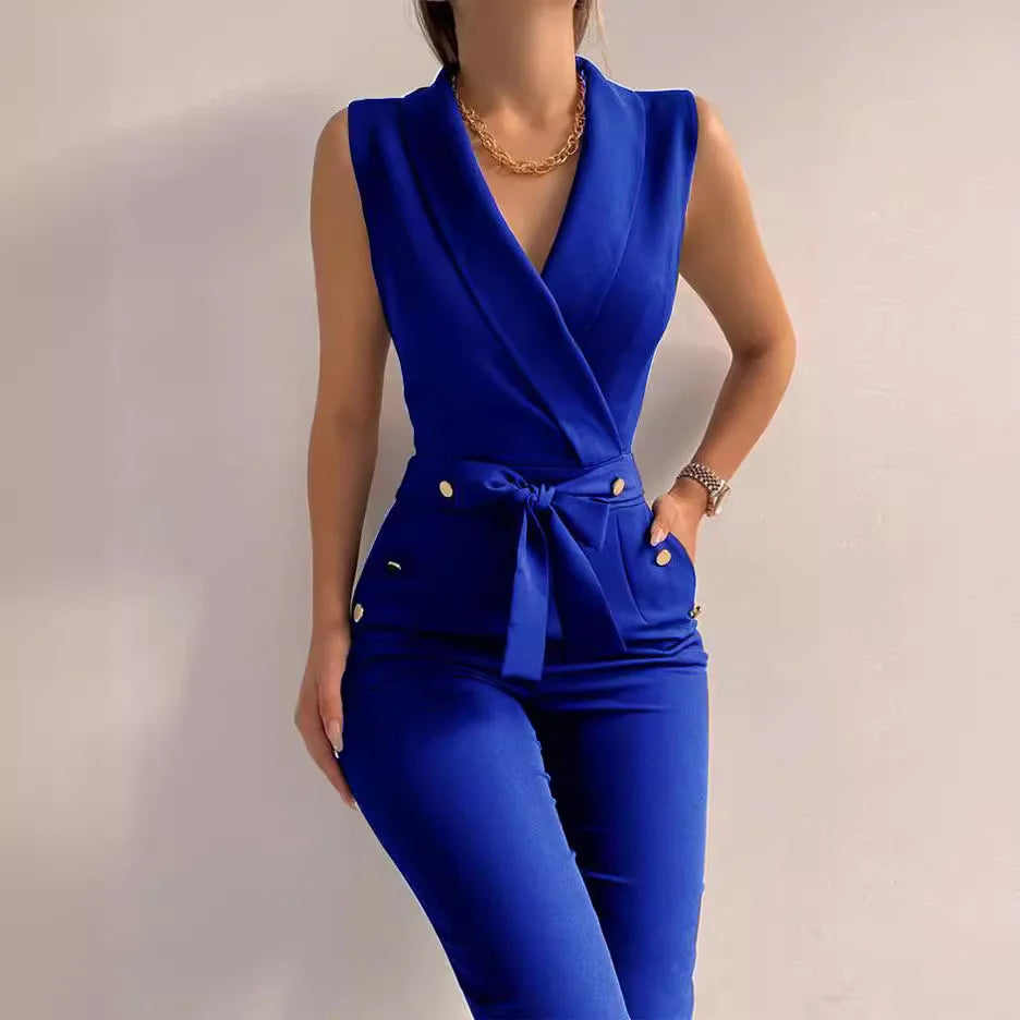 Women's Sleeveless Jumpsuit  V-neck Lace-up Jumpsuits