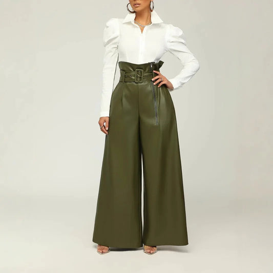 Women's Fashion High Waist Trousers PU Leather Pants