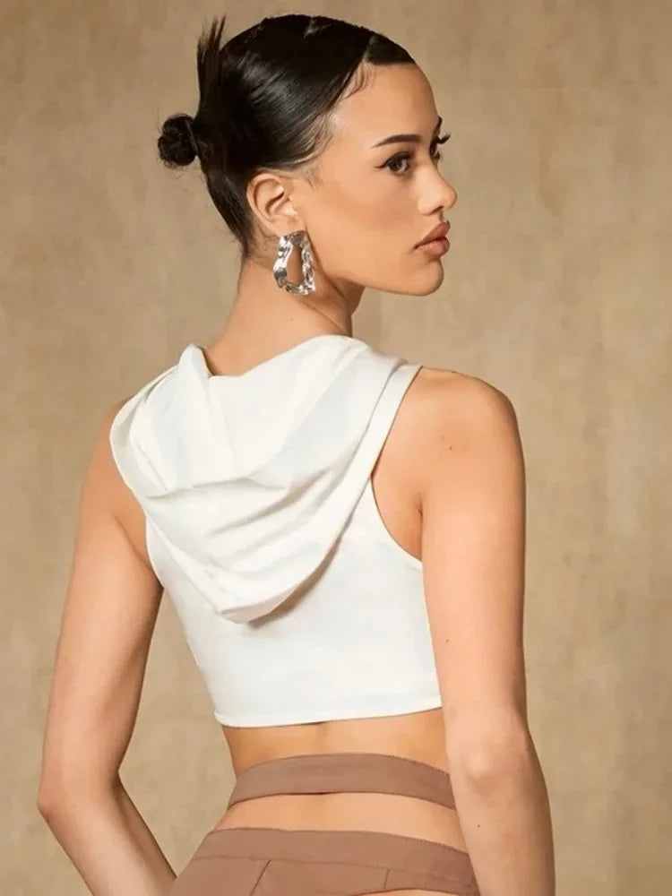 Hooded Crop Top Solid White Tank Top