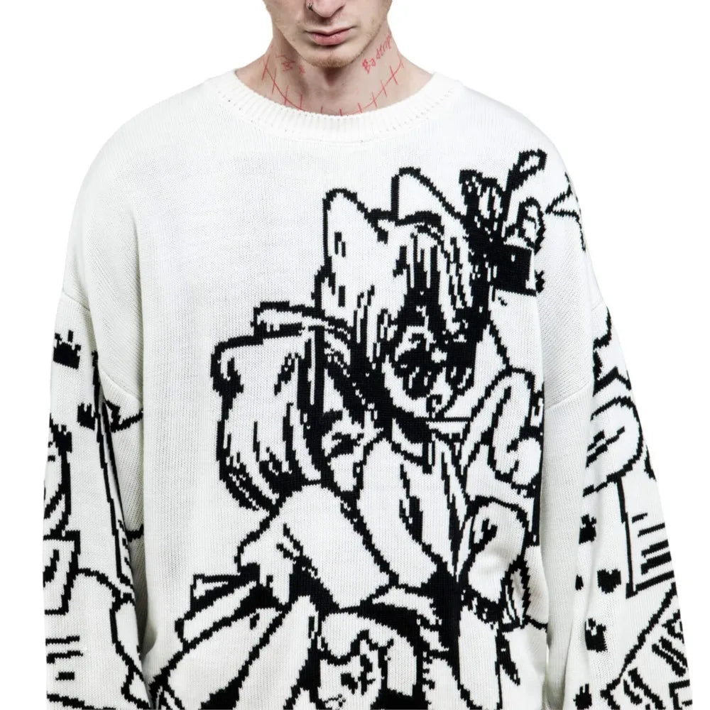 Vintage Cartoon Knitted Sweaters Men Casual Oversized Fashion  Streetwear Tops