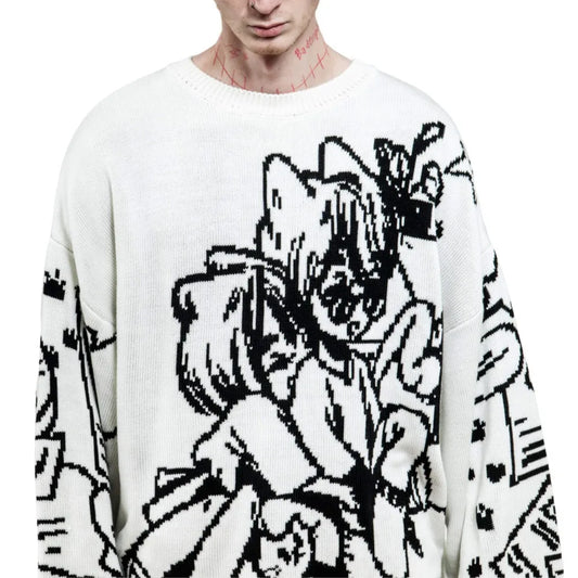 Vintage Cartoon Knitted Sweaters Men Casual Oversized Fashion  Streetwear Tops