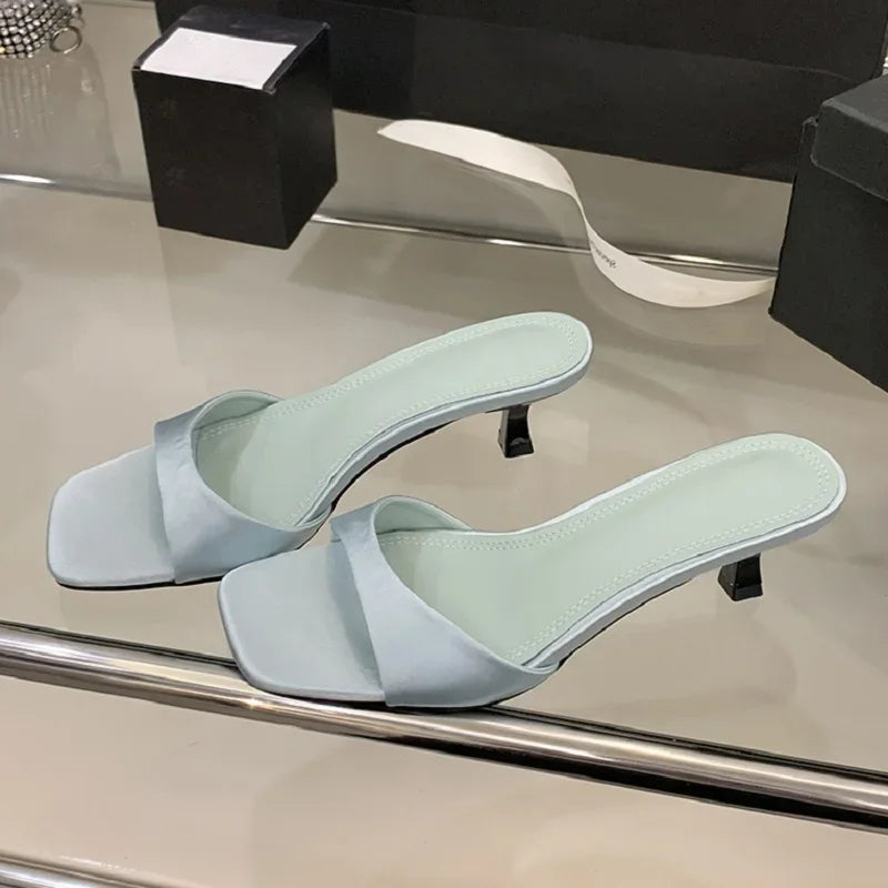 Summer Fashion Open Toe Women Slipper Thin Low Heel Silk Dress Ladies Slides