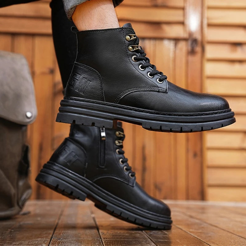Men's Outdoor Non-slip All-match Casual Short Boots  High Top Retro Waterproof Leather Boots