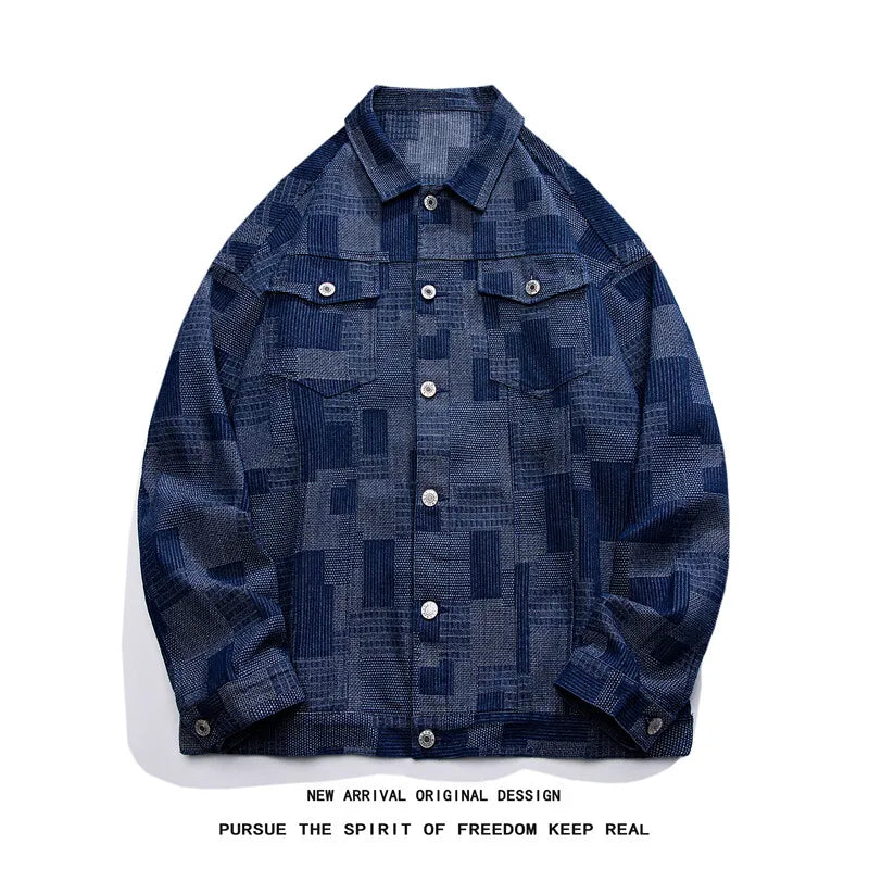 denim jacket man coat Vintage Loose Denim Jacket with Grid Pattern