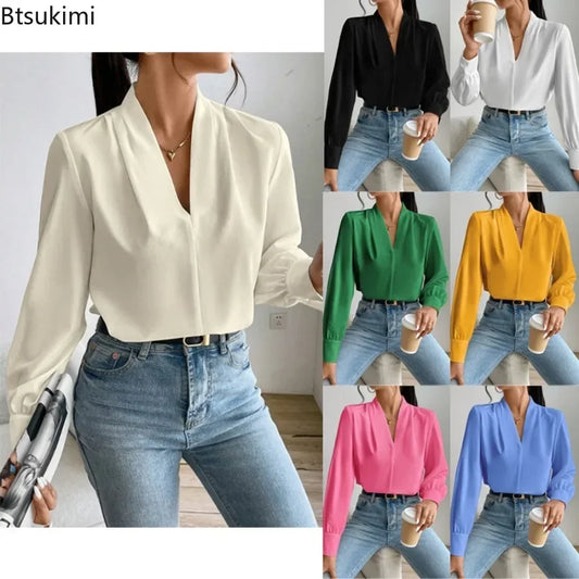 Women's Elegant Blouses Solid Color Long Sleeve V Neck Shirts