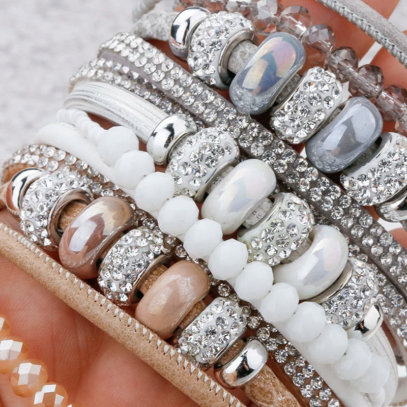 Greatera Sparkling Leather Vintage Pearl Multi-layered Magnetic Buckle Bracelet