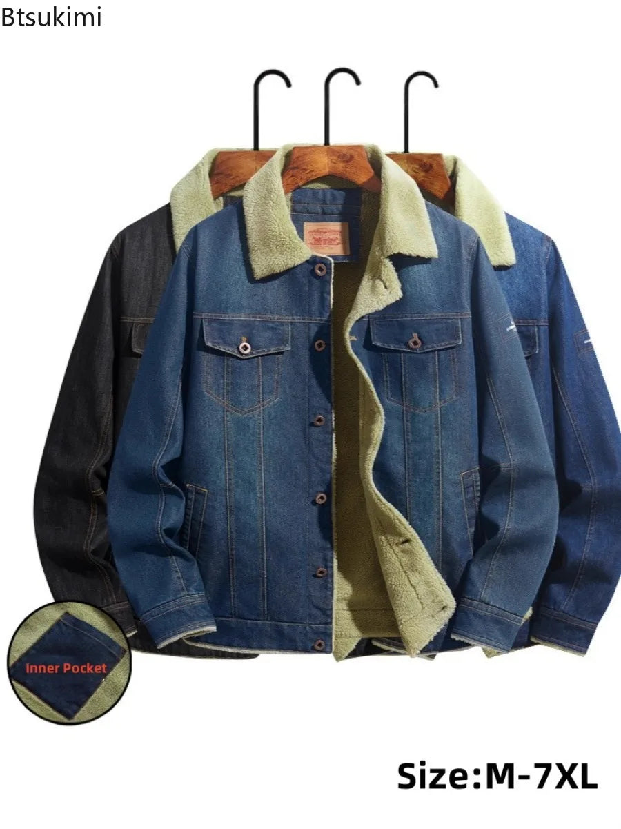 Men Denim Jackets Autumn Winter Lamb Fleece Lining Warm