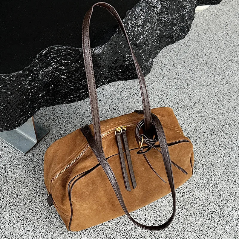 Women's Bowling Tote Bag Suede Leather Handbag Top Grain Leather Single Shoulder Underarm Bag