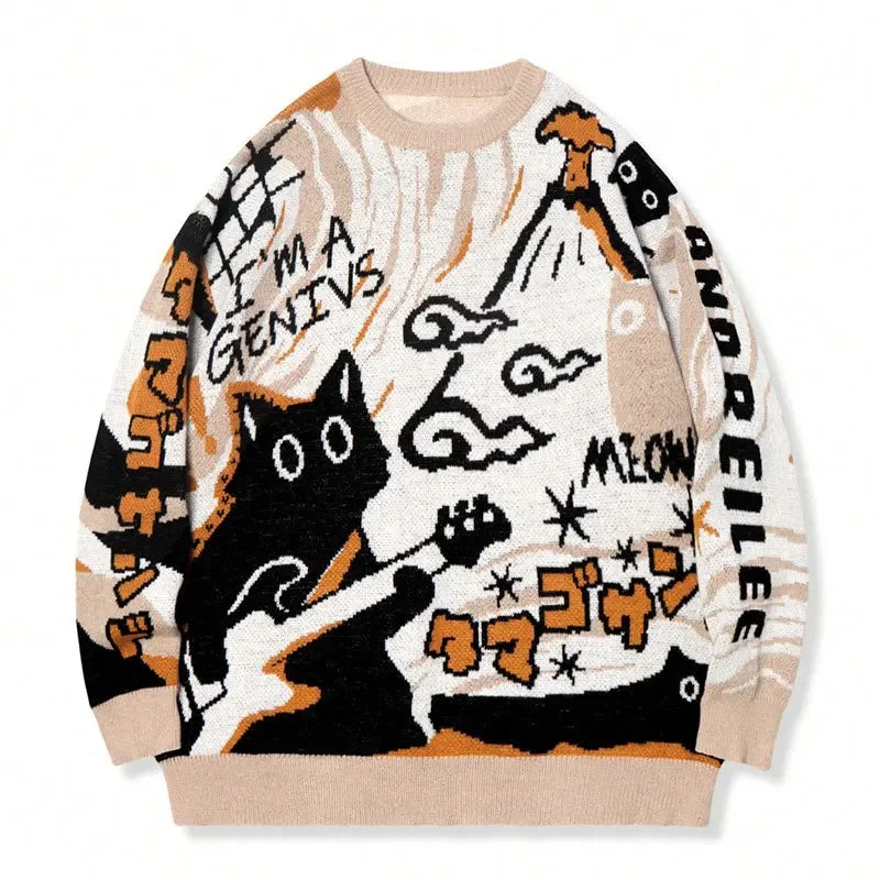 Men's retro cartoon knitted sweater  casual long-sleeved knitted sweater