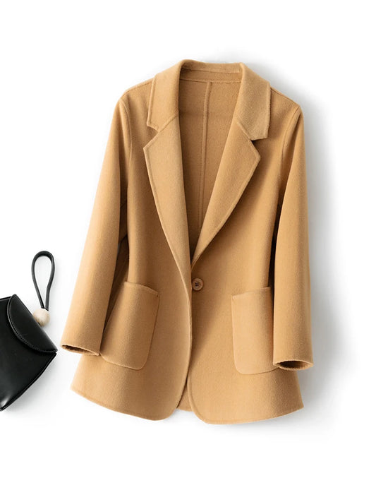 Pure Wool Plaids and Tweed Fashion Camel Women's Coat