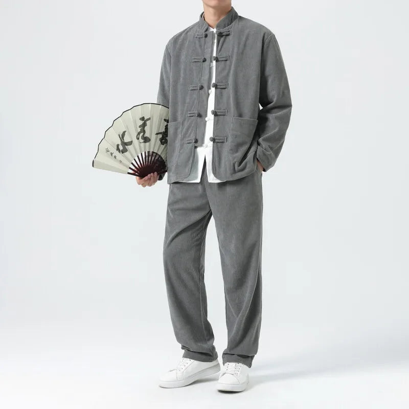 Men Corduroy Sets Men Tang Suit Jackets +Pants