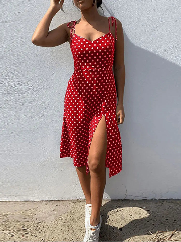 Causal Polka Dot Sleeveless High Pleated elastic waist V-Neck Beach Dress