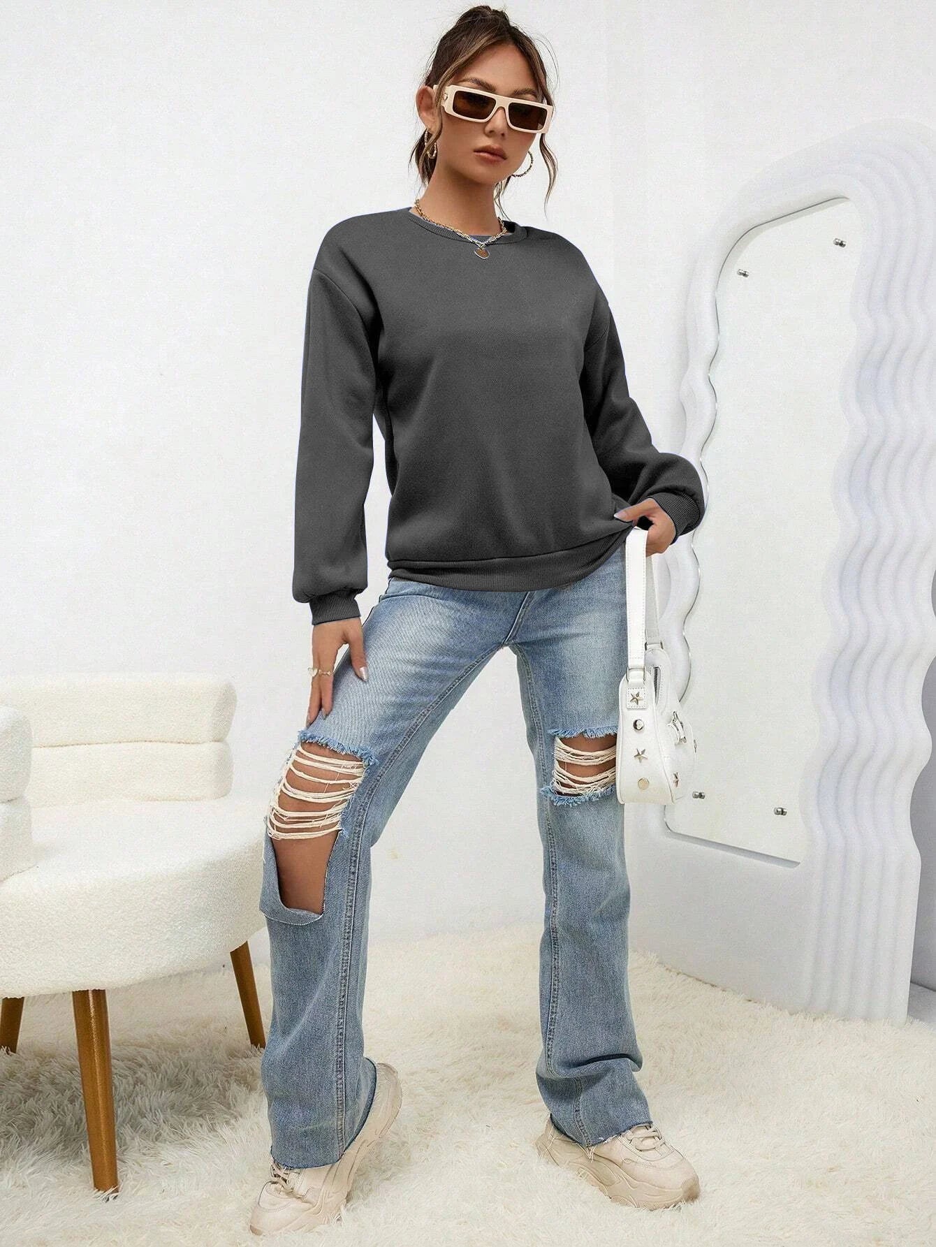 Woman Sweatshirt Casual Solid Color All-Match Clothing