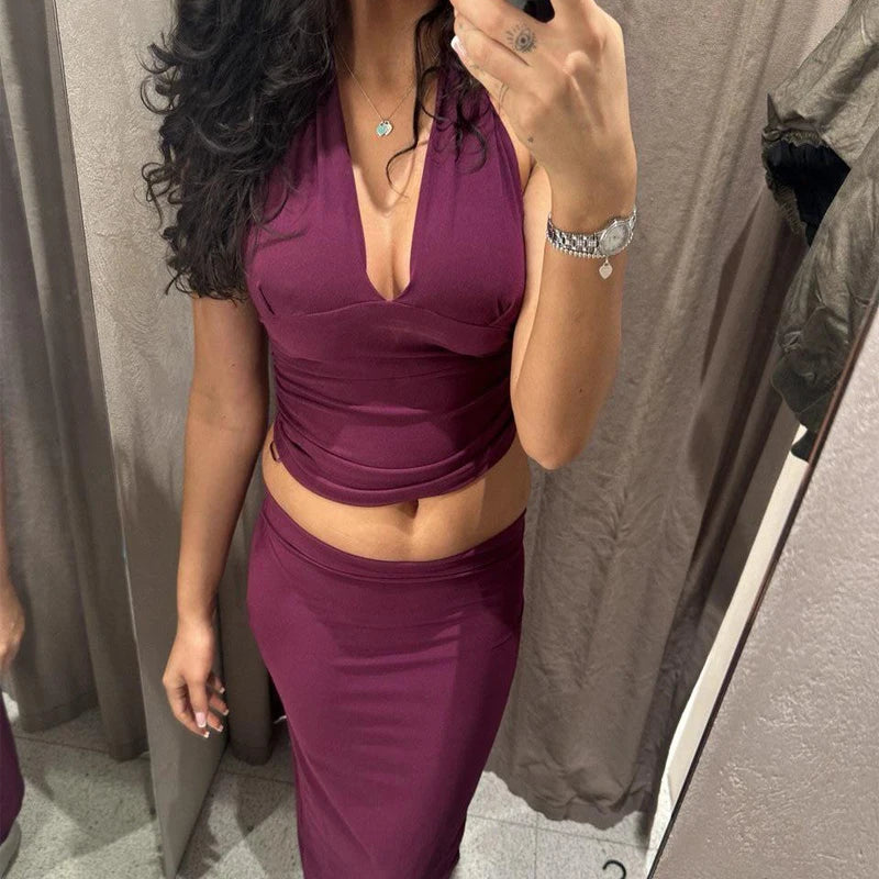 Women's Two Pieces Set Sexy Backless Halter Top Summer Set