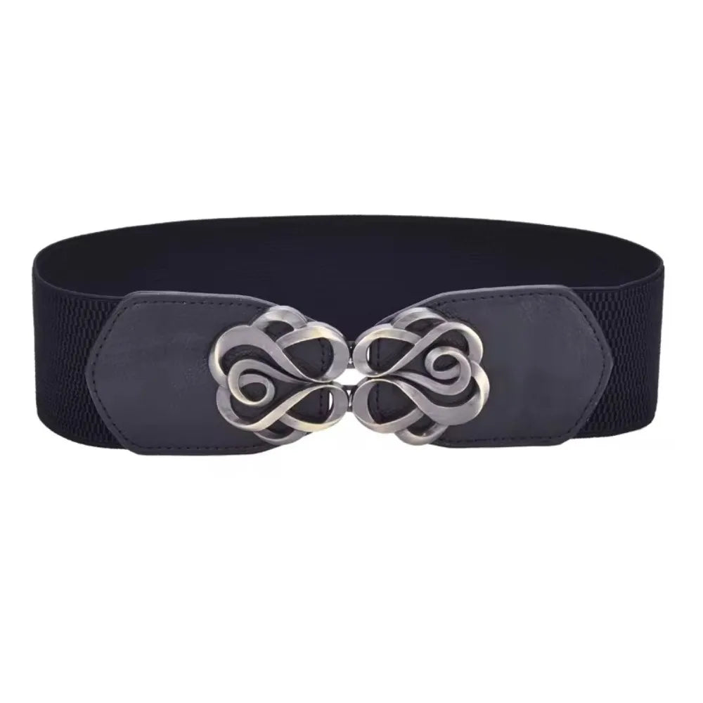 Women Leather Belt for Dress Elastic Brass Retro Buckle Overcoat