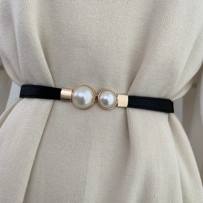 Double Pearls Buckle Elastic Women Belts