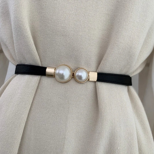 Double Pearls Buckle Elastic Women Belts