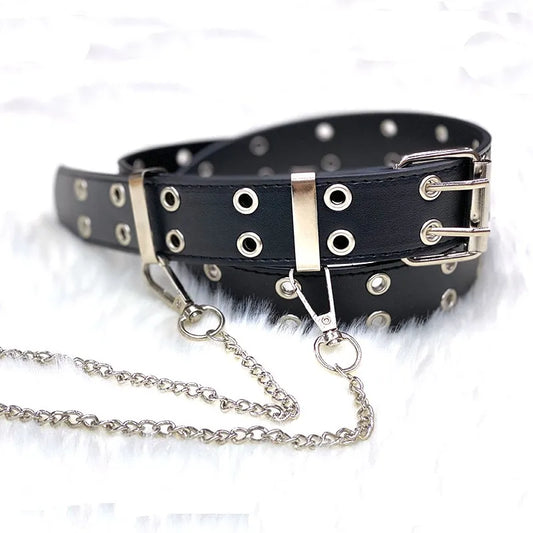 Women Trouser Belt Punk Cool Metal Buckle Adjustable Eyelet Leather Fashion