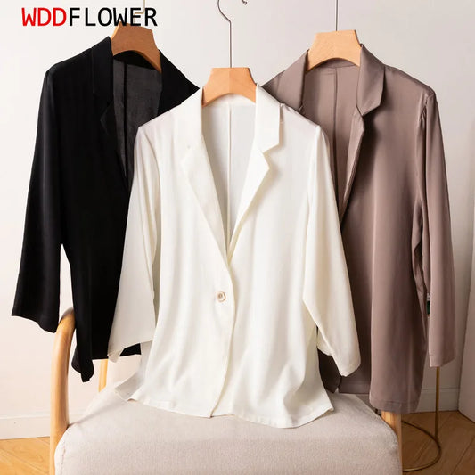 Women Blazer 95% Mulberry Silk 5% Spandex One Button Coat Jacket